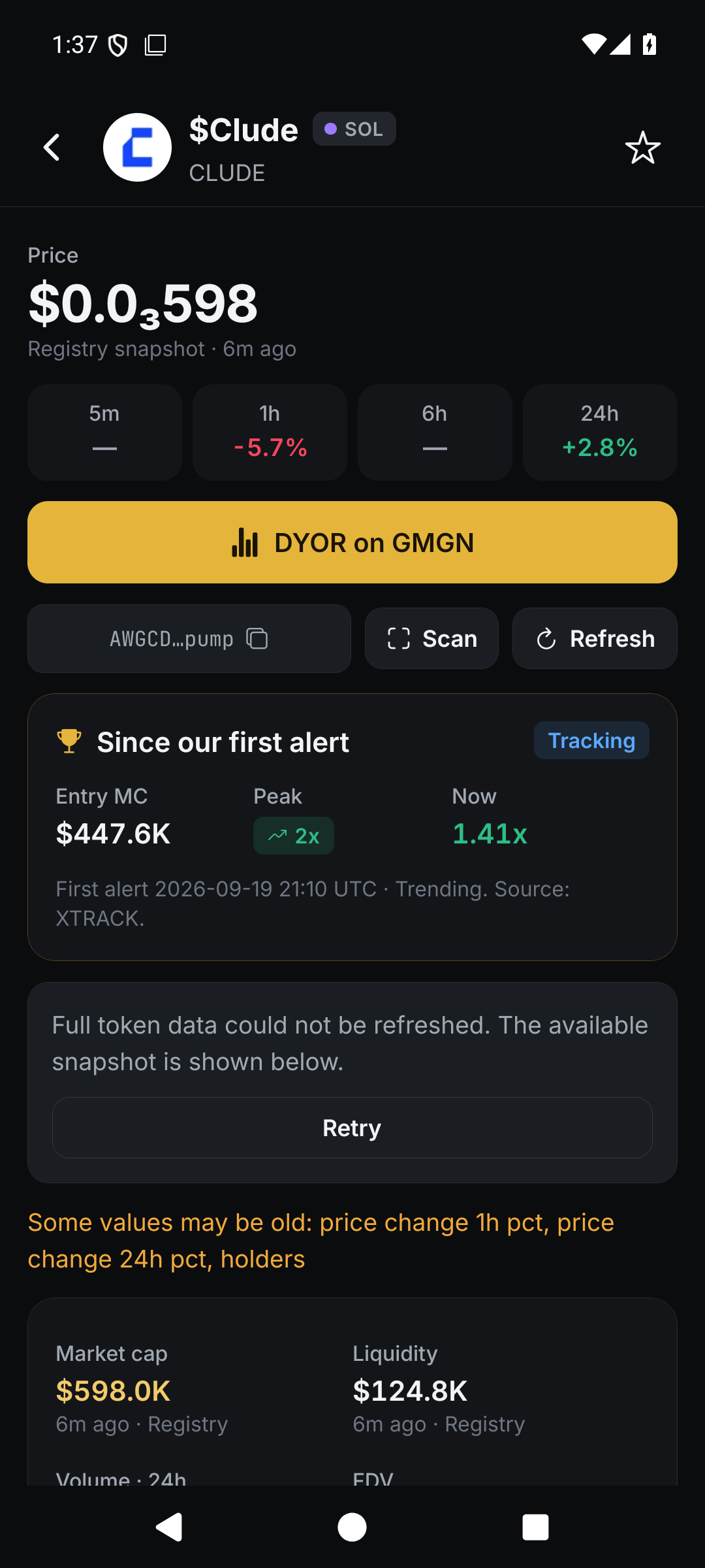 Token page with price, changes, DYOR and Scan actions
