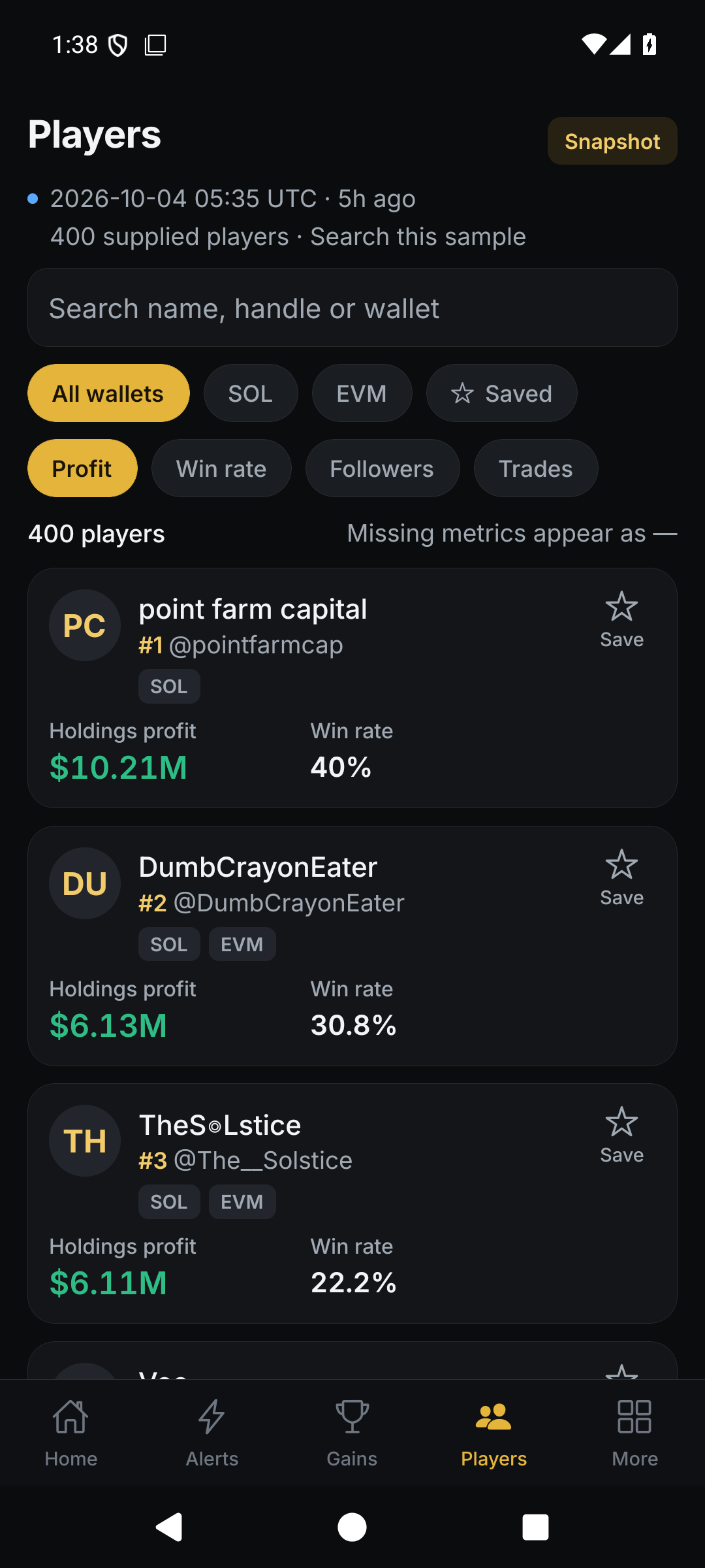 Players and wallets view